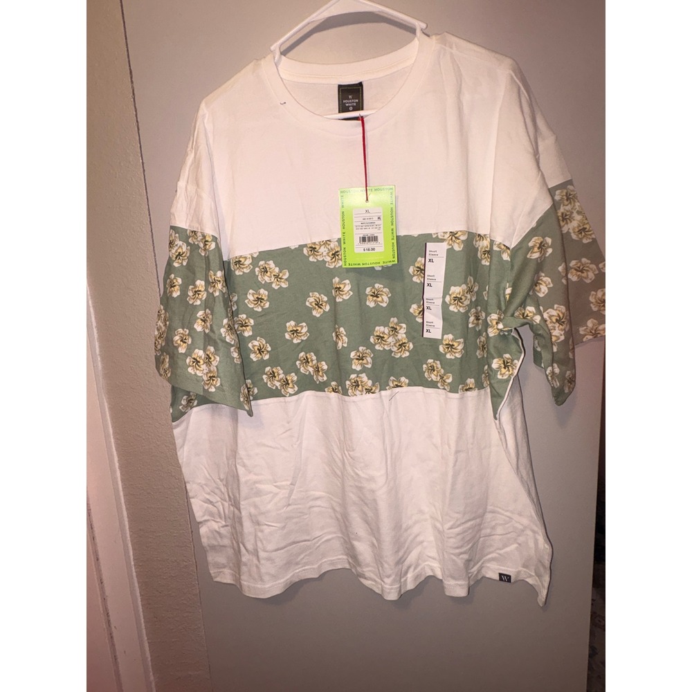 Houston White Floral Colorblock T-Shirt Mens XL White Sage Green Short Sleeve